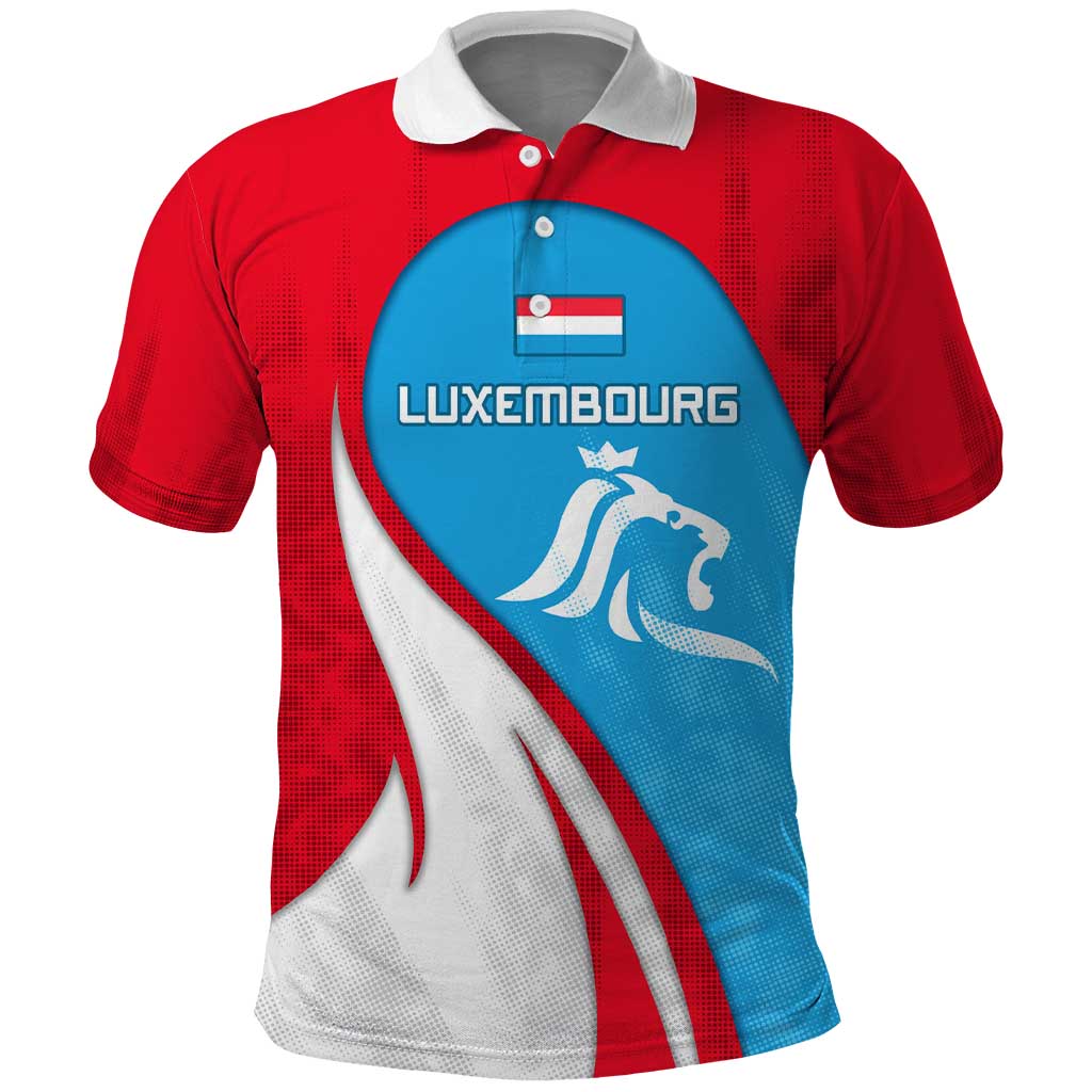 Luxembourg Polo Shirt with National Flag Colors and White Lion Crest Design TS04