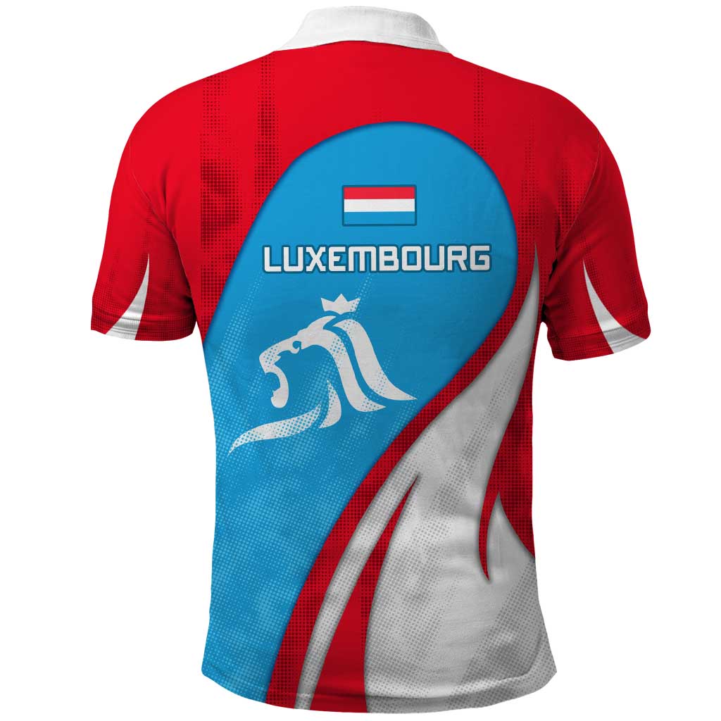 Luxembourg Polo Shirt with National Flag Colors and White Lion Crest Design TS04