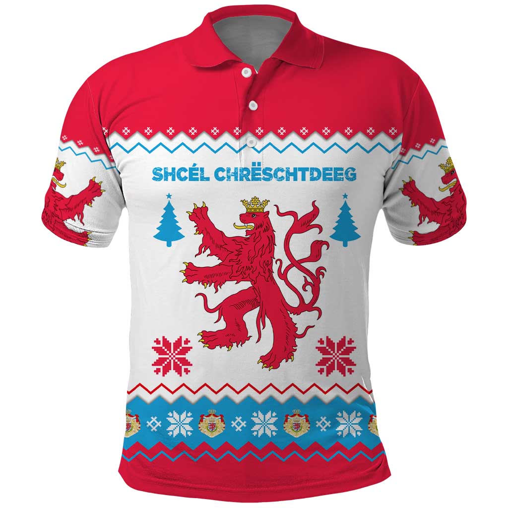 Luxembourg Christmas Polo Shirt with Red Lion Crest and Snowflake Pattern TS04