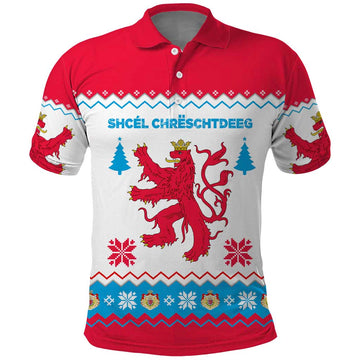 Luxembourg Christmas Polo Shirt with Red Lion Crest and Snowflake Pattern TS04