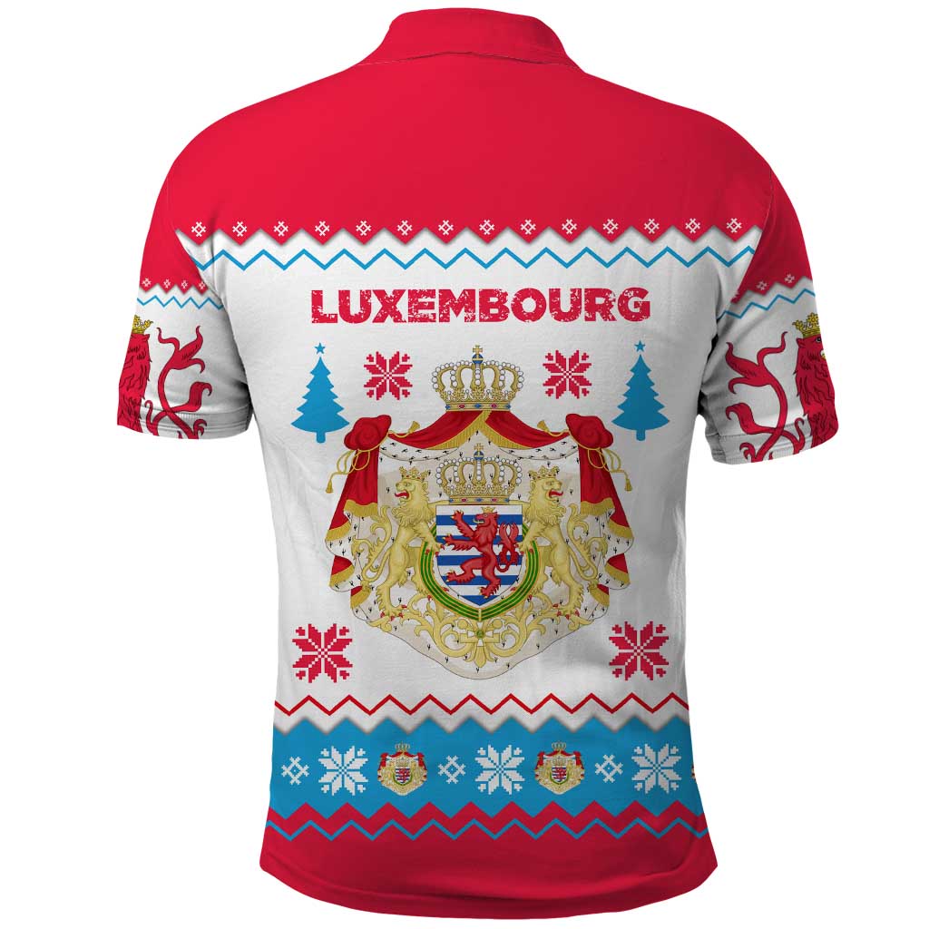 Luxembourg Christmas Polo Shirt with Red Lion Crest and Snowflake Pattern TS04
