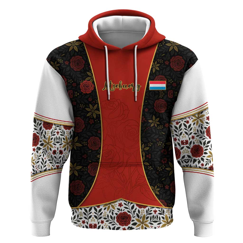 Luxembourg Hoodie with Floral Folk Embroidery and Red Black Pattern Design TS04