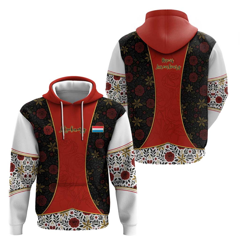Luxembourg Hoodie with Floral Folk Embroidery and Red Black Pattern Design TS04