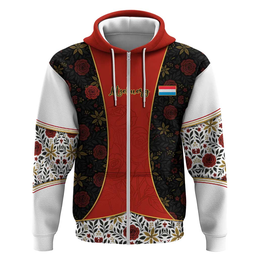 Luxembourg Hoodie with Floral Folk Embroidery and Red Black Pattern Design TS04