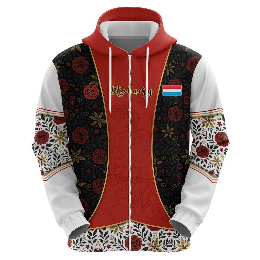 Luxembourg Hoodie with Floral Folk Embroidery and Red Black Pattern Design TS04