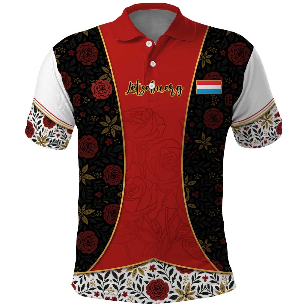 Luxembourg Polo Shirt with Floral Folk Embroidery and Red Black Pattern Design TS04