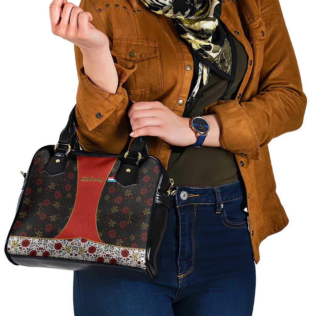 Luxembourg Shoulder Handbag with Floral Folk Embroidery and Red Black Pattern Design TS04