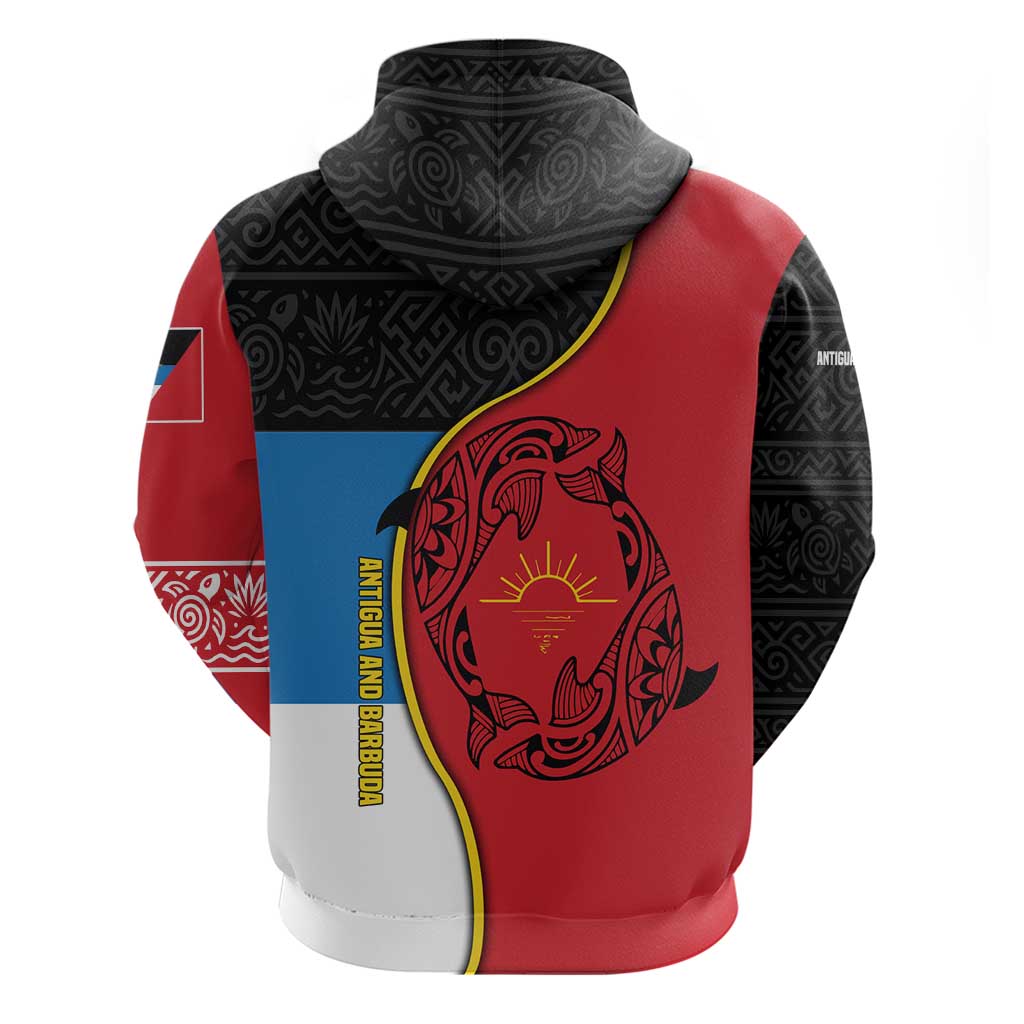Antigua and Barbuda Tribal Hoodie with Polynesian Dolphin Sun Design with National Flag Colors TS04