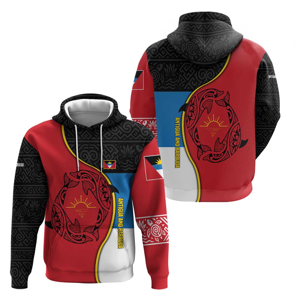 Antigua and Barbuda Tribal Hoodie with Polynesian Dolphin Sun Design with National Flag Colors TS04