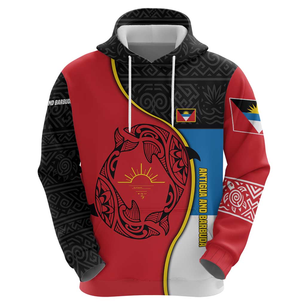 Antigua and Barbuda Tribal Hoodie with Polynesian Dolphin Sun Design with National Flag Colors TS04