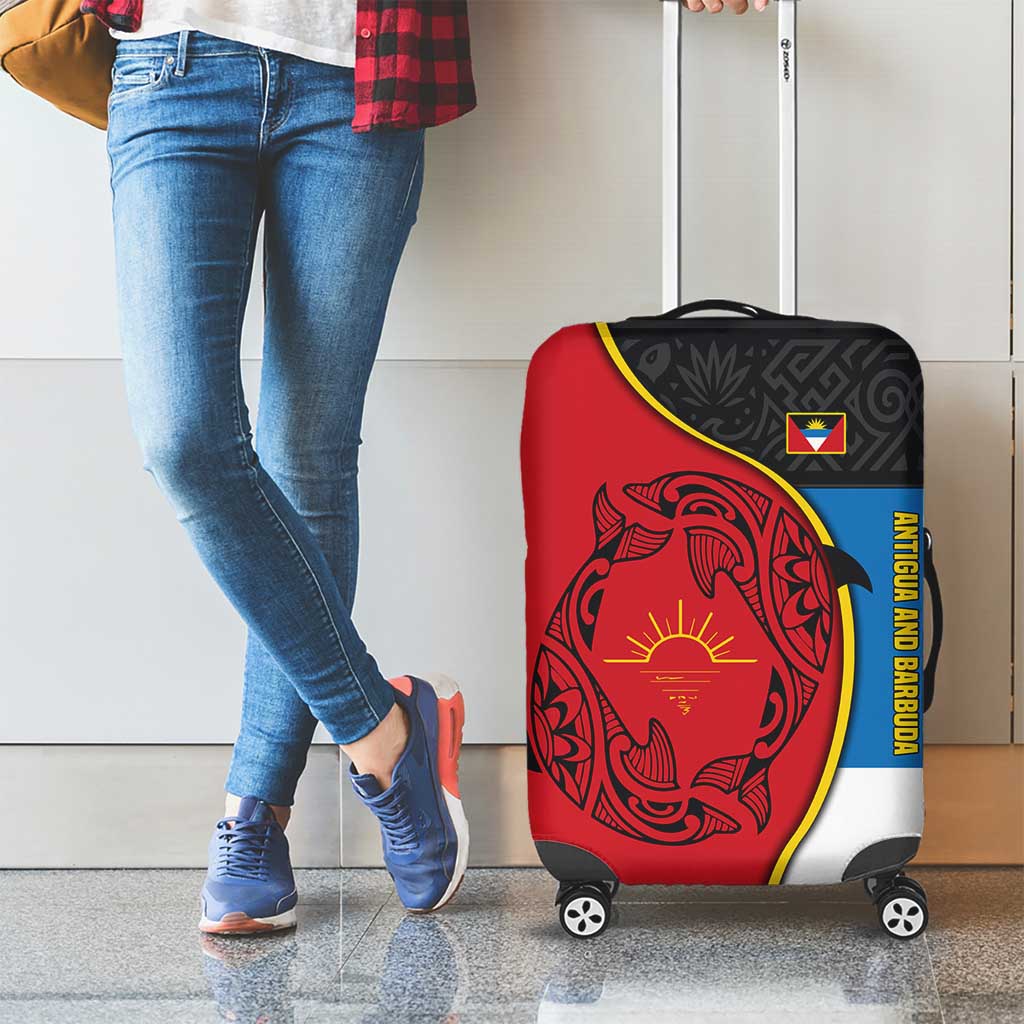 Antigua and Barbuda Tribal Luggage Cover with Polynesian Dolphin Sun Design with National Flag Colors TS04