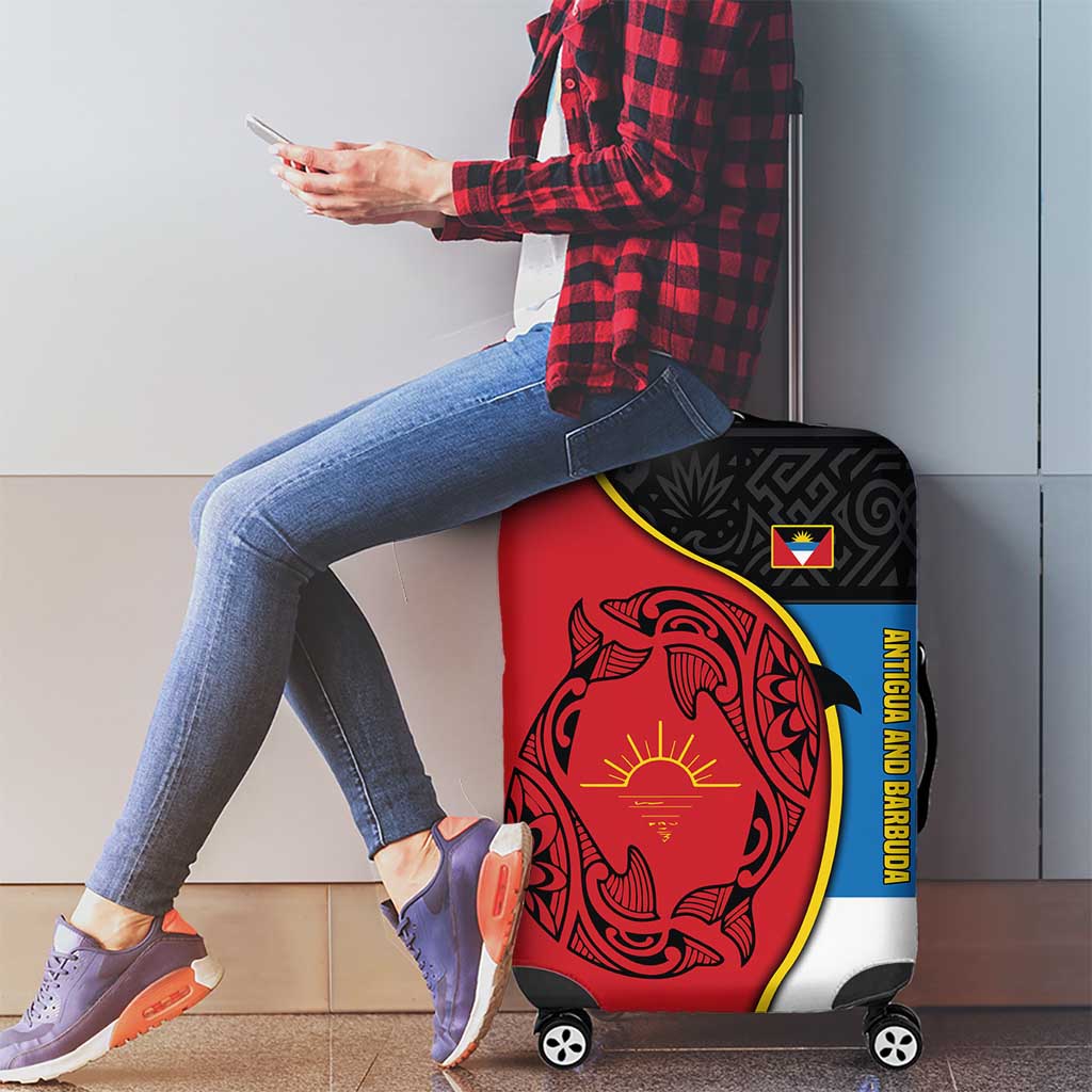 Antigua and Barbuda Tribal Luggage Cover with Polynesian Dolphin Sun Design with National Flag Colors TS04