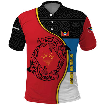 Antigua and Barbuda Tribal Polo Shirt with Polynesian Dolphin Sun Design with National Flag Colors TS04