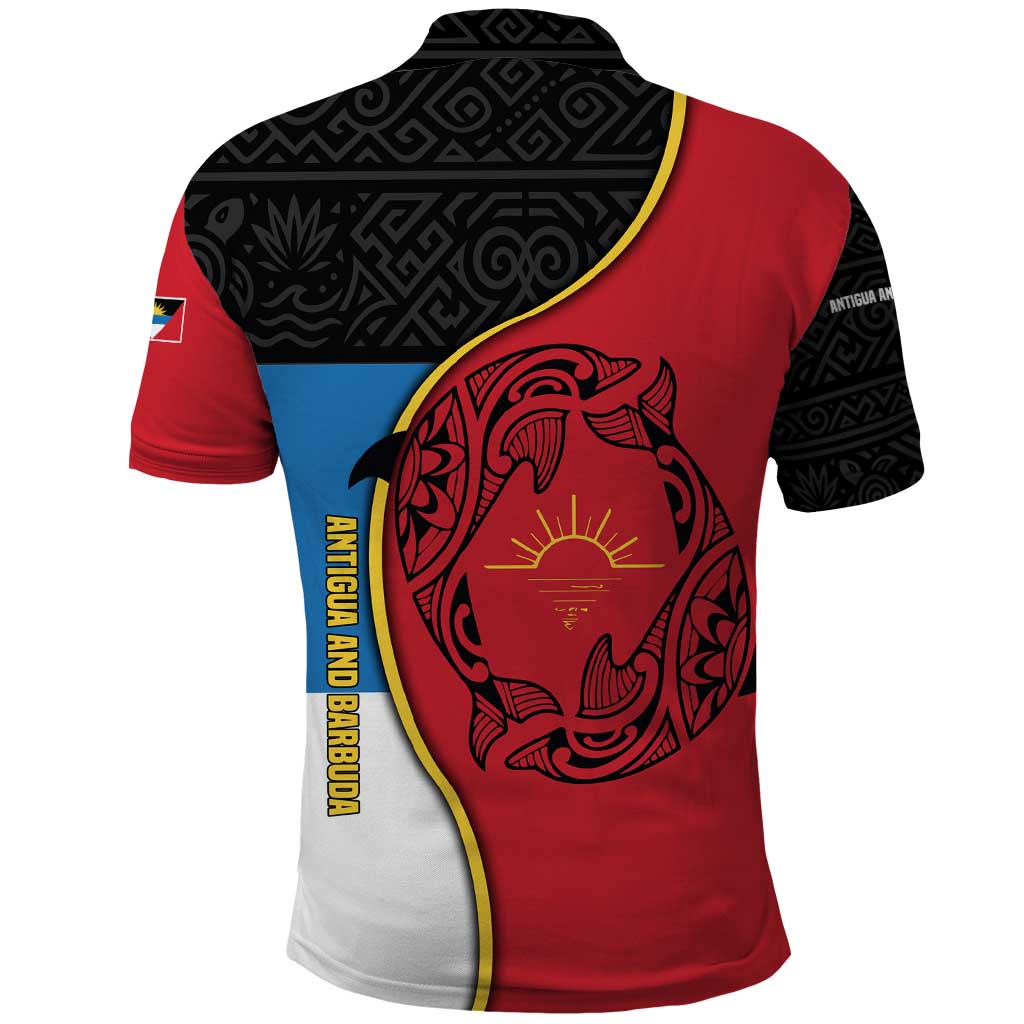 Antigua and Barbuda Tribal Polo Shirt with Polynesian Dolphin Sun Design with National Flag Colors TS04
