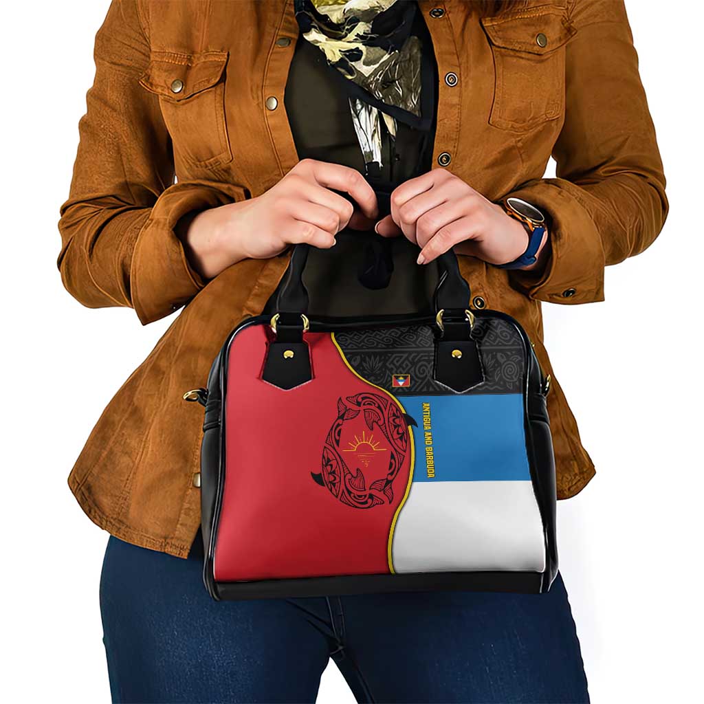 Antigua and Barbuda Tribal Shoulder Handbag with Polynesian Dolphin Sun Design with National Flag Colors TS04