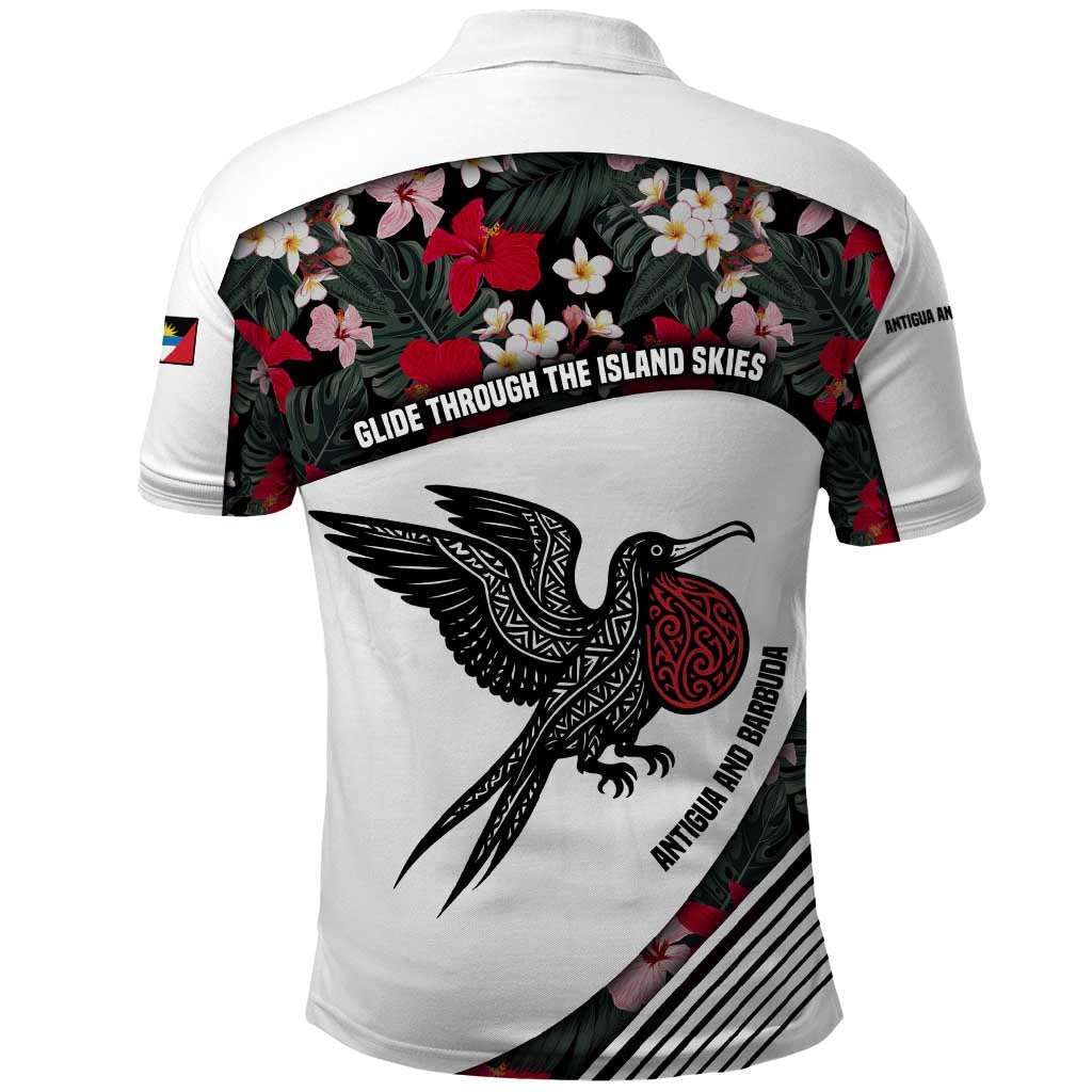 Antigua and Barbuda Hummingbird Polo Shirt with Tribal Bird and Tropical Floral Design with Island Flag TS04