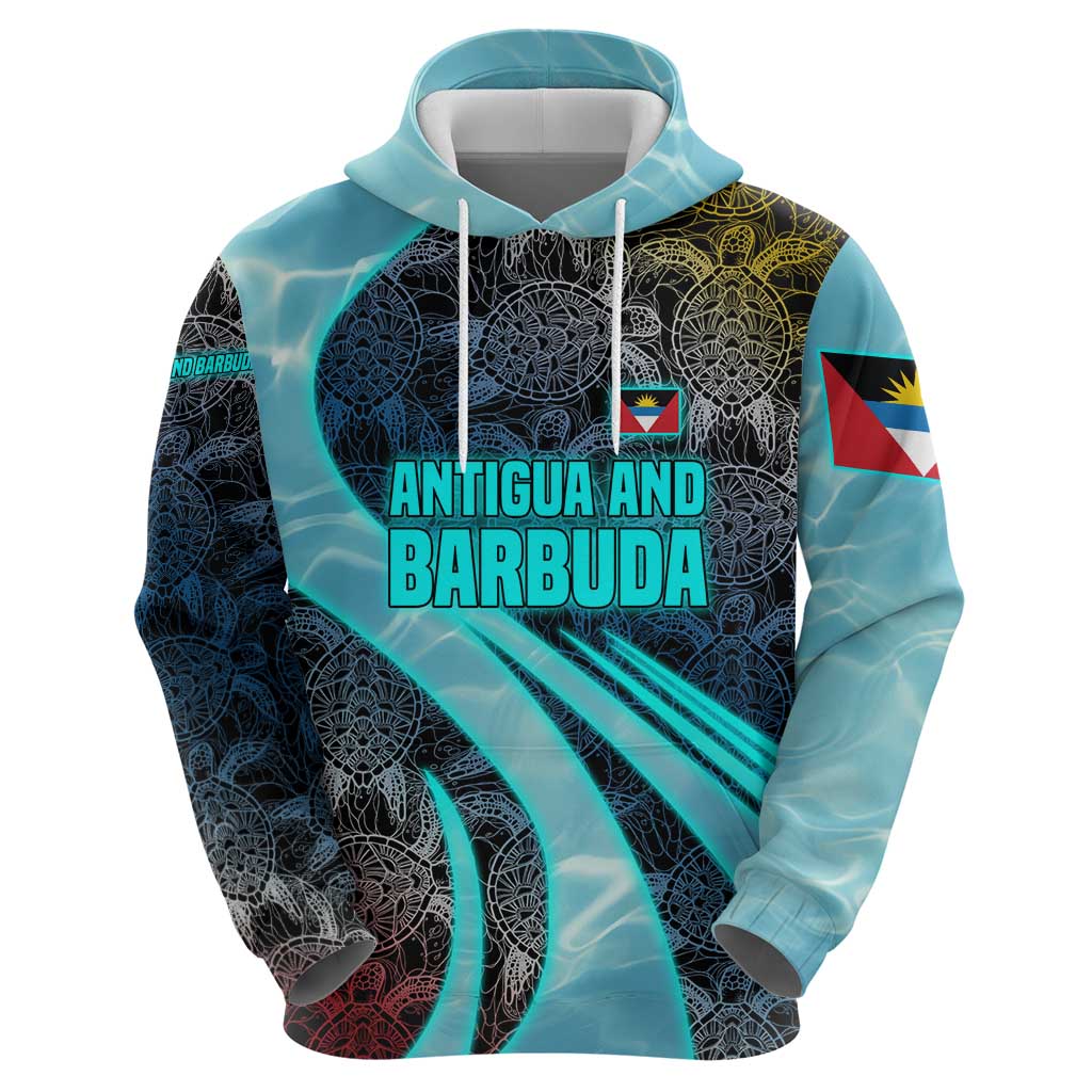 Antigua and Barbuda Sea Turtle Hoodie with Tribal Mandala Design with Ocean Waves and National Flag TS04