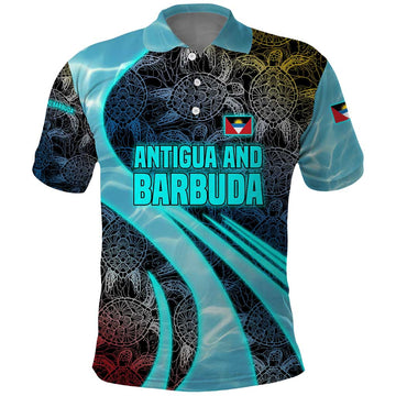 Antigua and Barbuda Sea Turtle Polo Shirt with Tribal Mandala Design with Ocean Waves and National Flag TS04