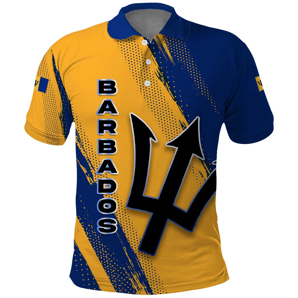 Barbados Trident and Coat of Arms Polo Shirt with Blue Yellow Patriotic Graphic TS04