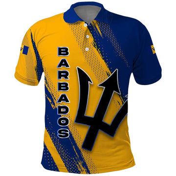 Barbados Trident and Coat of Arms Polo Shirt with Blue Yellow Patriotic Graphic TS04
