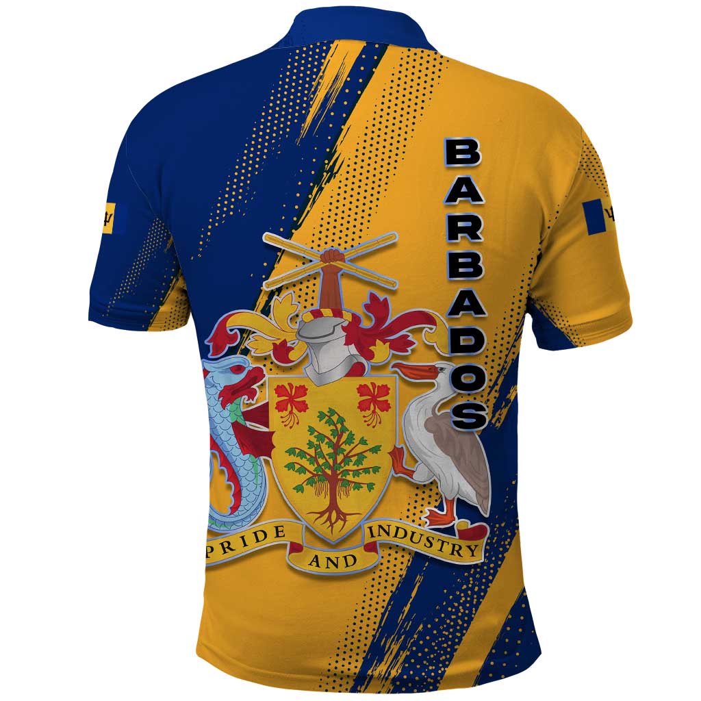 Barbados Trident and Coat of Arms Polo Shirt with Blue Yellow Patriotic Graphic TS04