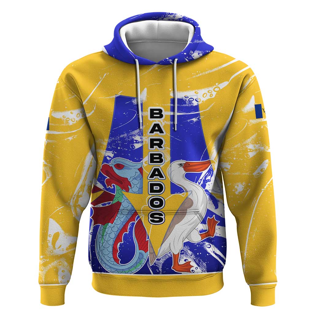 Barbados Coat of Arms Hoodie with Yellow Blue Pelican Dolphin Graphic TS04