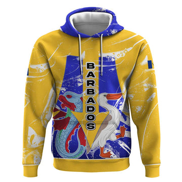 Barbados Coat of Arms Hoodie with Yellow Blue Pelican Dolphin Graphic TS04