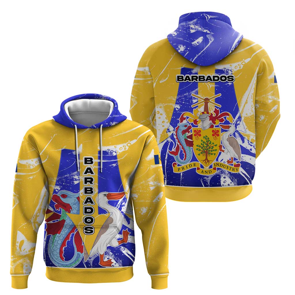 Barbados Coat of Arms Hoodie with Yellow Blue Pelican Dolphin Graphic TS04