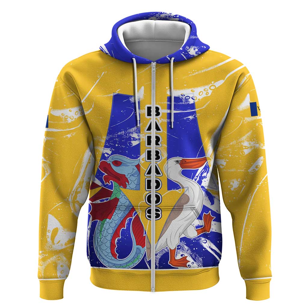 Barbados Coat of Arms Hoodie with Yellow Blue Pelican Dolphin Graphic TS04