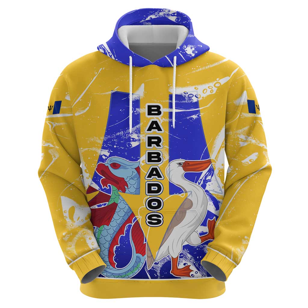 Barbados Coat of Arms Hoodie with Yellow Blue Pelican Dolphin Graphic TS04