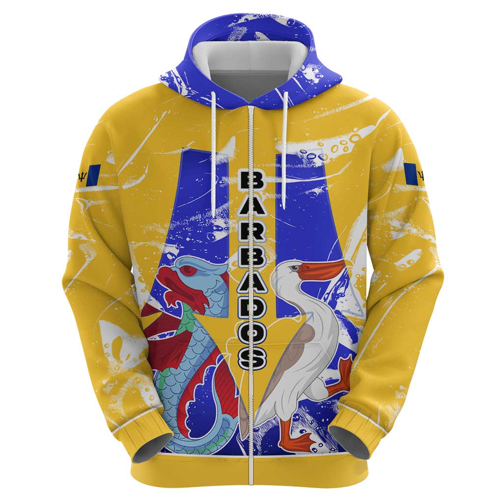 Barbados Coat of Arms Hoodie with Yellow Blue Pelican Dolphin Graphic TS04