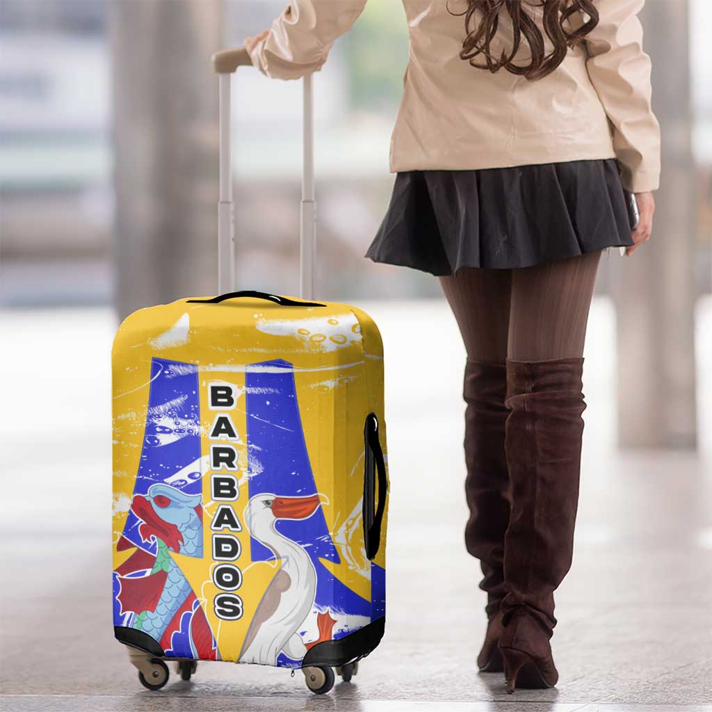 Barbados Coat of Arms Luggage Cover with Yellow Blue Pelican Dolphin Graphic TS04