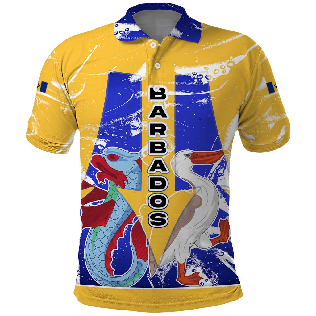 Barbados Coat of Arms Polo Shirt with Yellow Blue Pelican Dolphin Graphic TS04