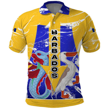 Barbados Coat of Arms Polo Shirt with Yellow Blue Pelican Dolphin Graphic TS04