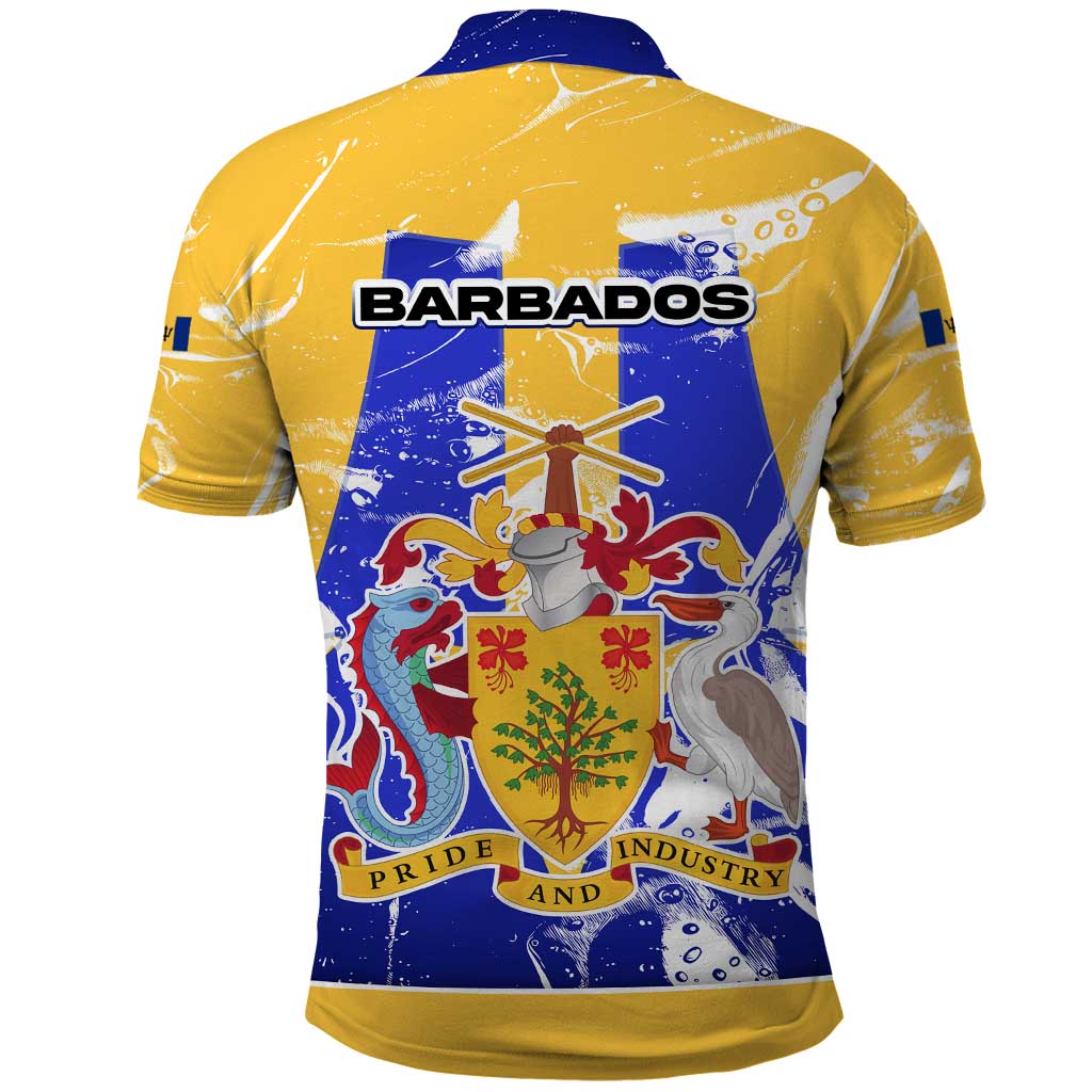 Barbados Coat of Arms Polo Shirt with Yellow Blue Pelican Dolphin Graphic TS04