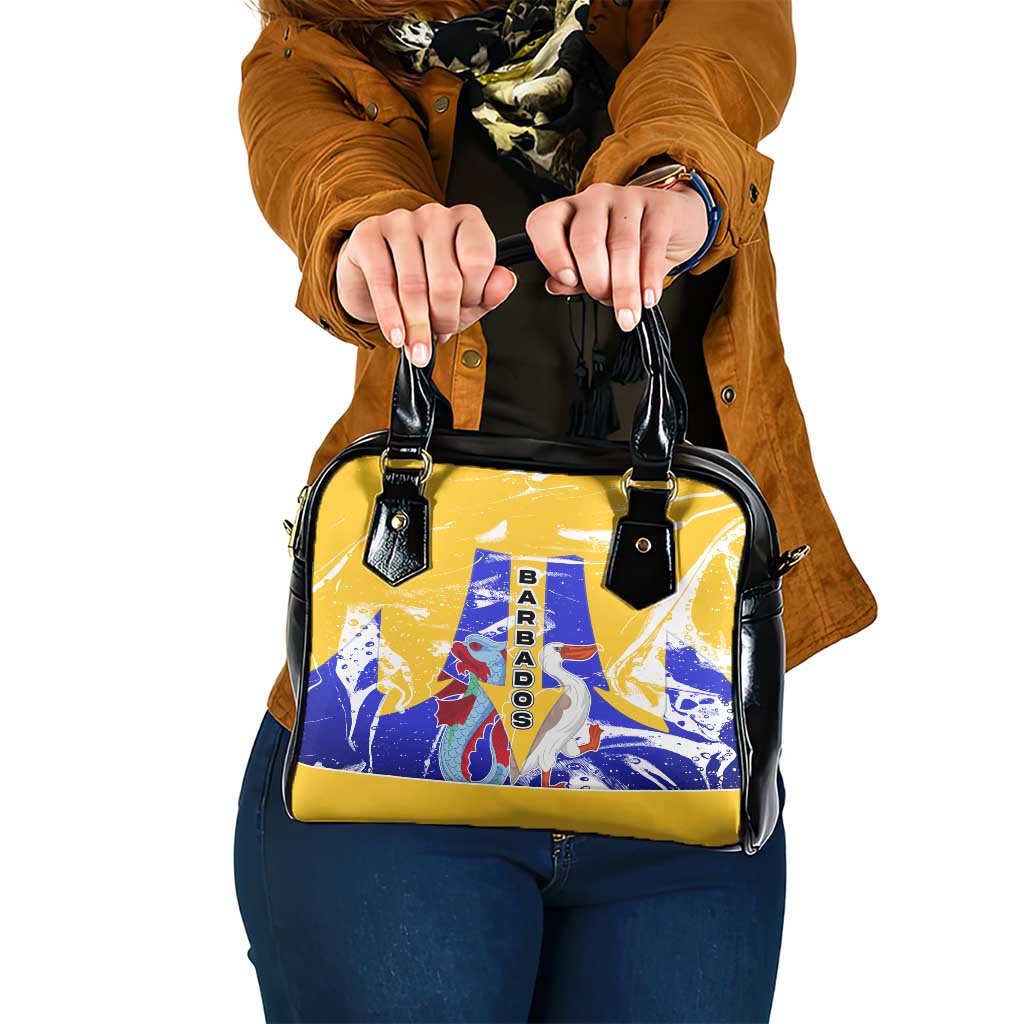 Barbados Coat of Arms Shoulder Handbag with Yellow Blue Pelican Dolphin Graphic TS04