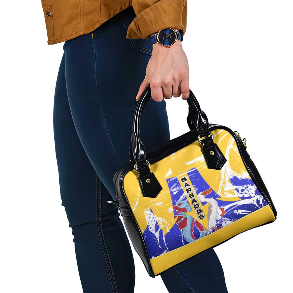 Barbados Coat of Arms Shoulder Handbag with Yellow Blue Pelican Dolphin Graphic TS04