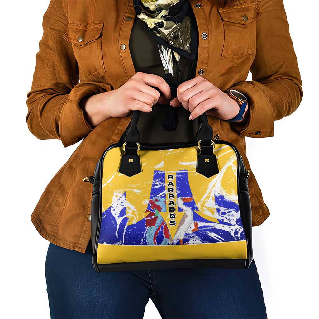 Barbados Coat of Arms Shoulder Handbag with Yellow Blue Pelican Dolphin Graphic TS04