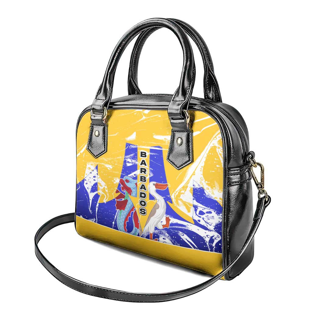 Barbados Coat of Arms Shoulder Handbag with Yellow Blue Pelican Dolphin Graphic TS04