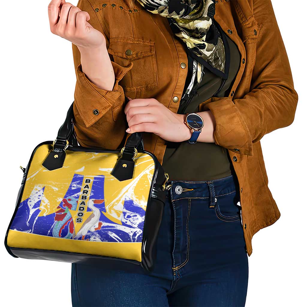 Barbados Coat of Arms Shoulder Handbag with Yellow Blue Pelican Dolphin Graphic TS04