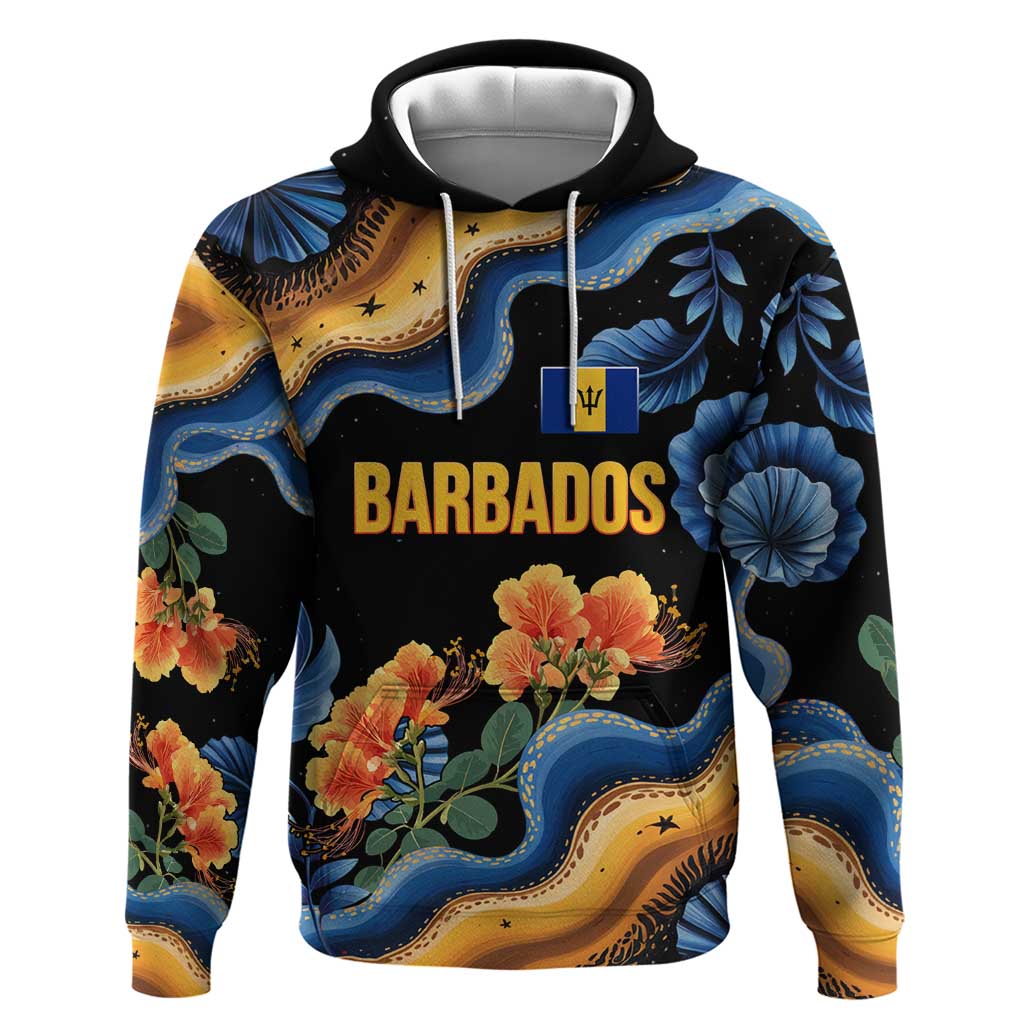 Barbados Floral Wave Hoodie with Tropical Hibiscus Print Black and Gold TS04