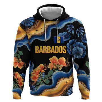 Barbados Floral Wave Hoodie with Tropical Hibiscus Print Black and Gold TS04