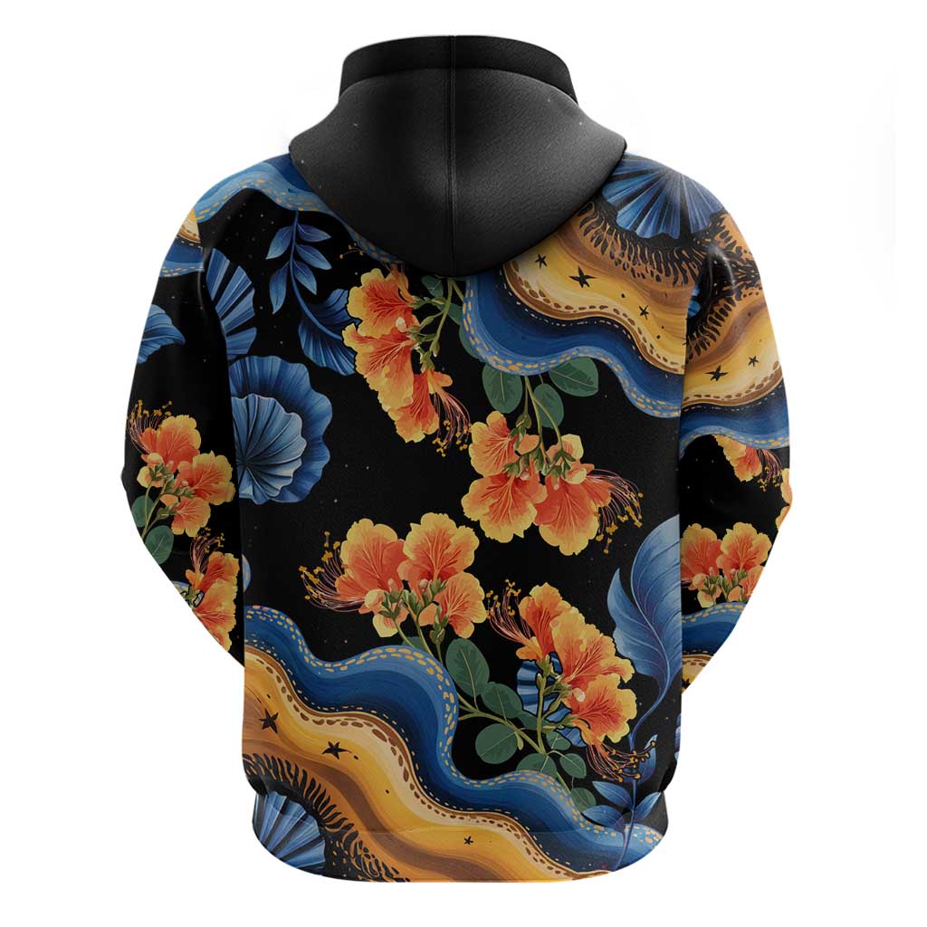 Barbados Floral Wave Hoodie with Tropical Hibiscus Print Black and Gold TS04