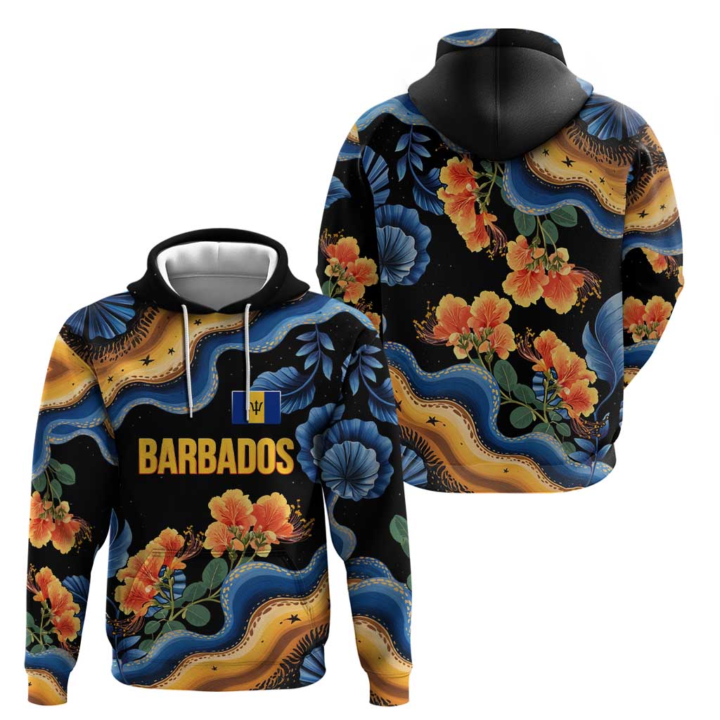 Barbados Floral Wave Hoodie with Tropical Hibiscus Print Black and Gold TS04