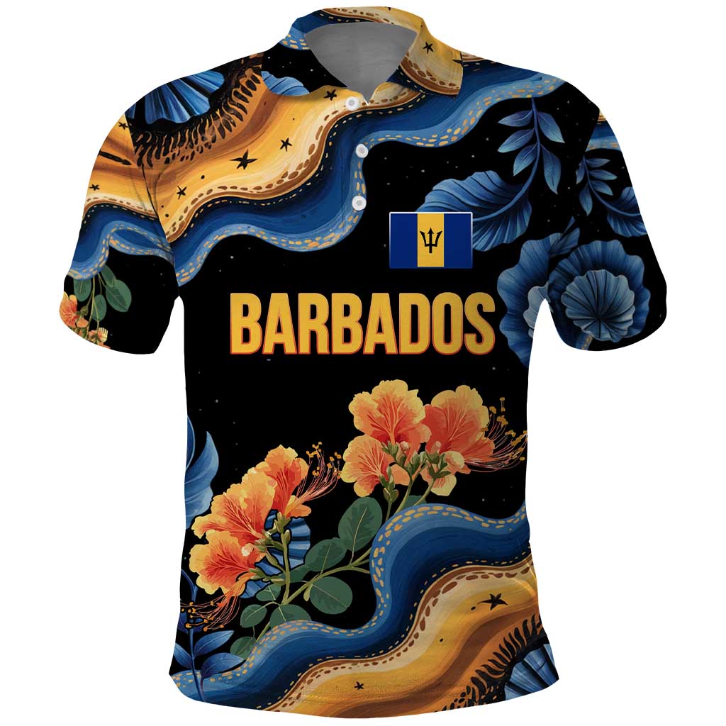 Barbados Floral Wave Polo Shirt with Tropical Hibiscus Print Black and Gold TS04