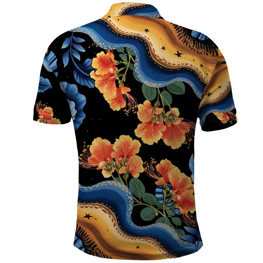 Barbados Floral Wave Polo Shirt with Tropical Hibiscus Print Black and Gold TS04