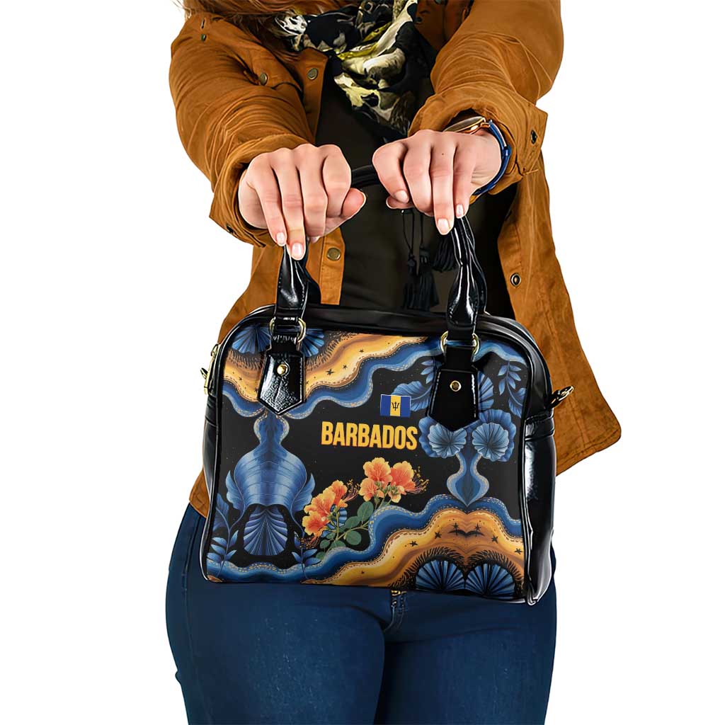 Barbados Floral Wave Shoulder Handbag with Tropical Hibiscus Print Black and Gold TS04