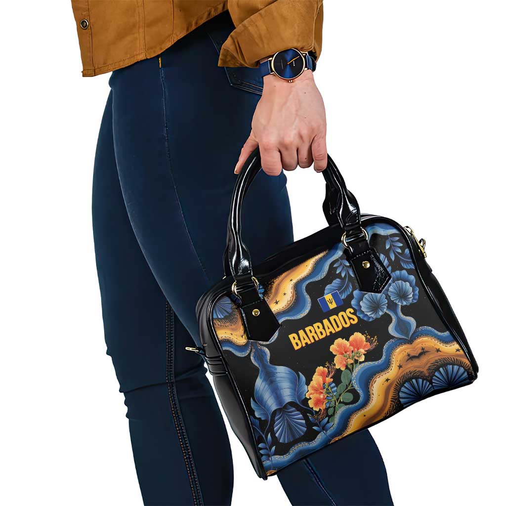 Barbados Floral Wave Shoulder Handbag with Tropical Hibiscus Print Black and Gold TS04