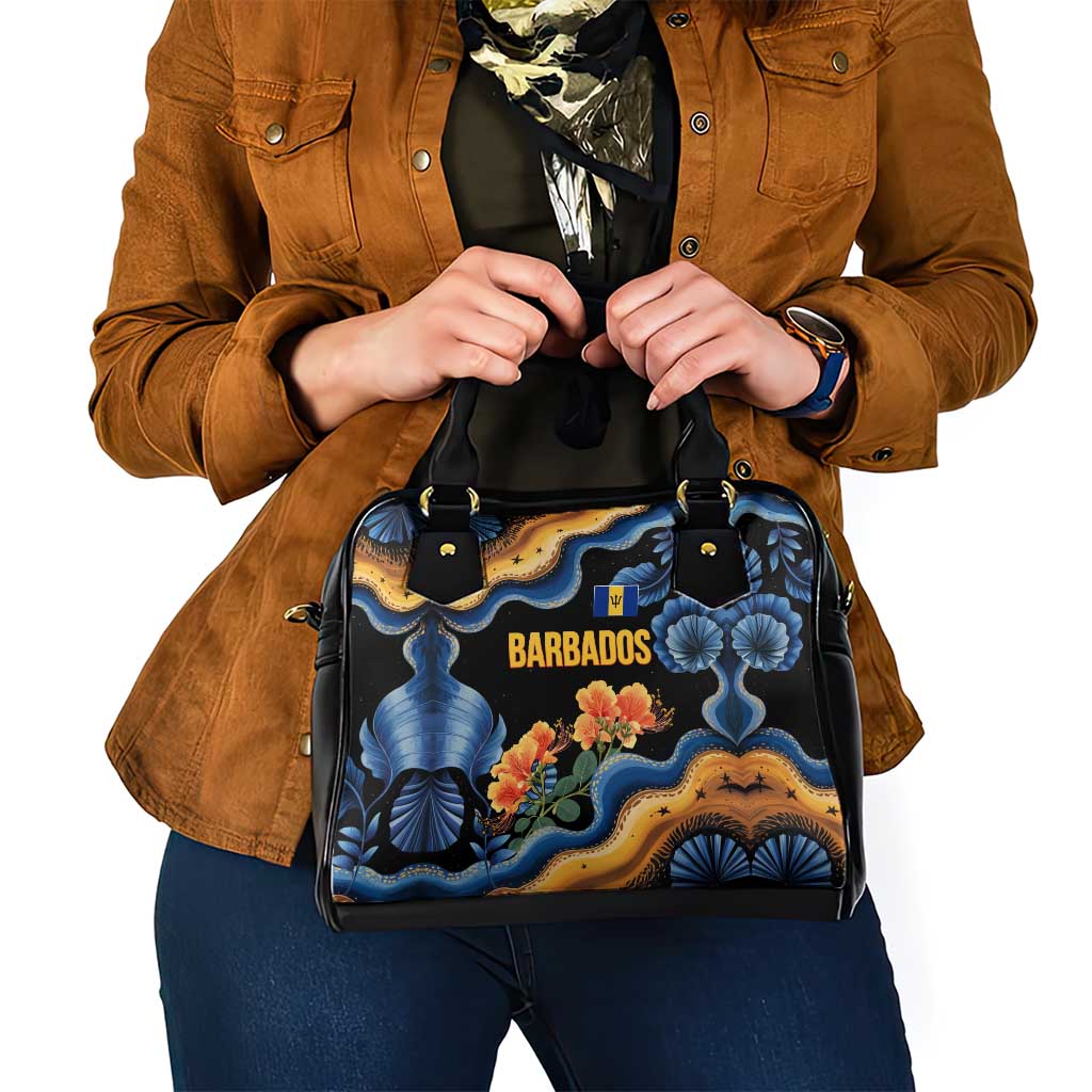 Barbados Floral Wave Shoulder Handbag with Tropical Hibiscus Print Black and Gold TS04