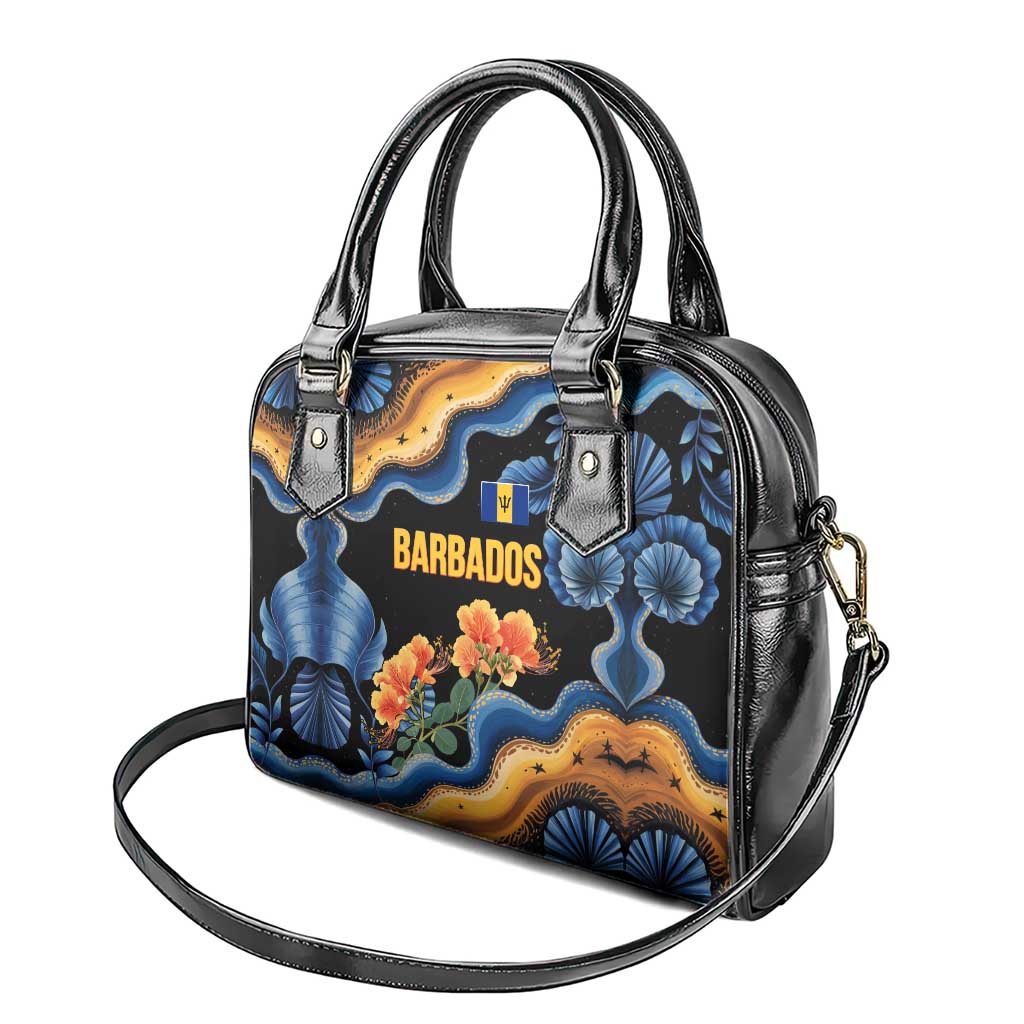 Barbados Floral Wave Shoulder Handbag with Tropical Hibiscus Print Black and Gold TS04